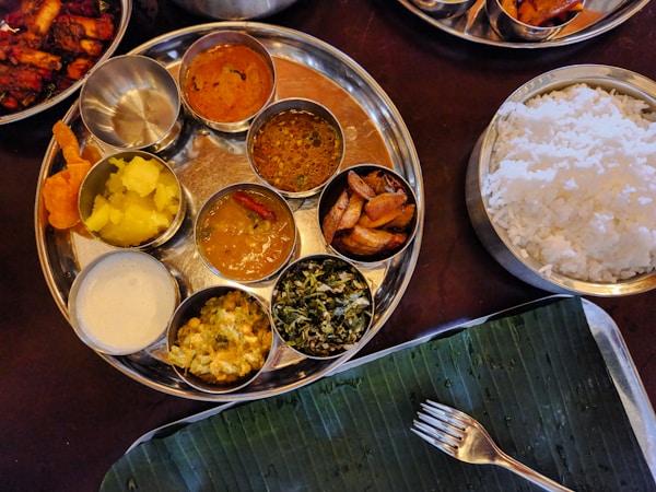 Traditional south indian thali with variety of dishes